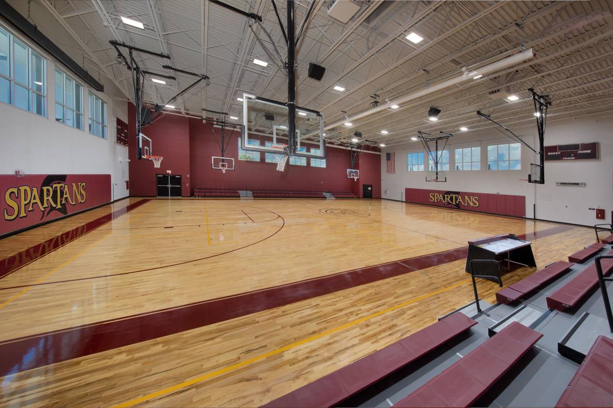 Interior designview of the gym at the Somerset Collegiate Preparatory Academy chater hs in Port St Lucie, FL.